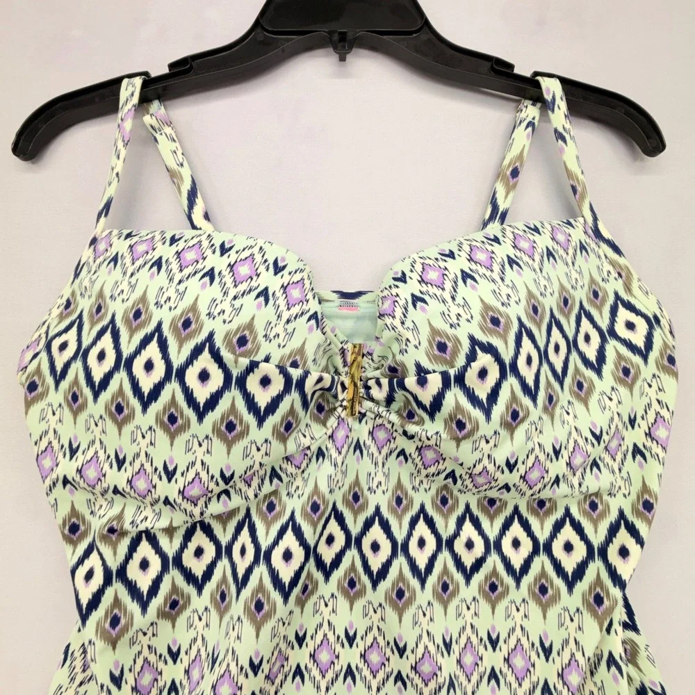 Victorias Secret Tankini Swim Top Mint Purple Ikat Diamond Underwire Gold Logo
